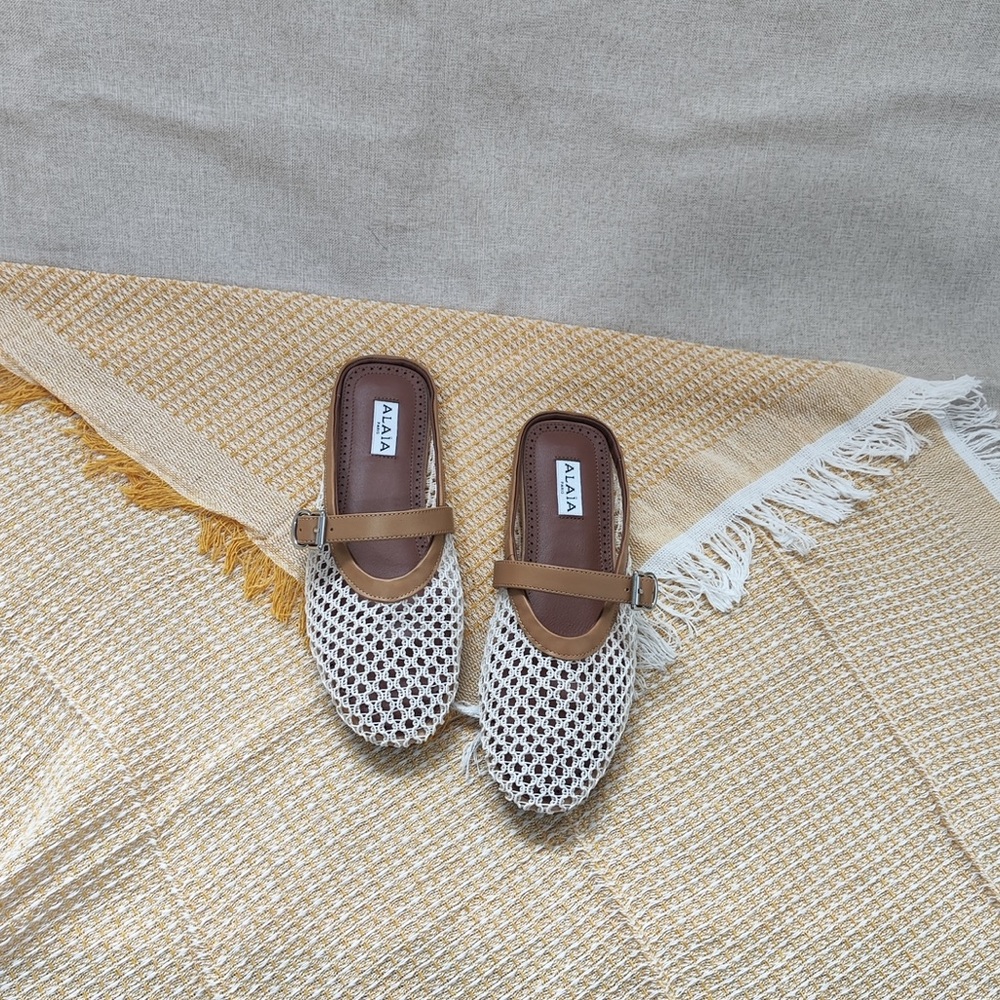 ALAIA Cream Woven Mule with Brown Trim and Buckle